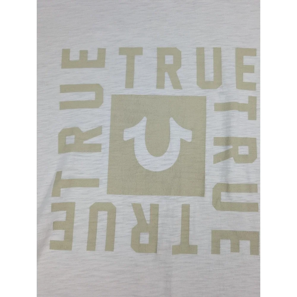 True Religion TShirt Men's L White/Tan Graphic Logo Horse Shoe Square‎